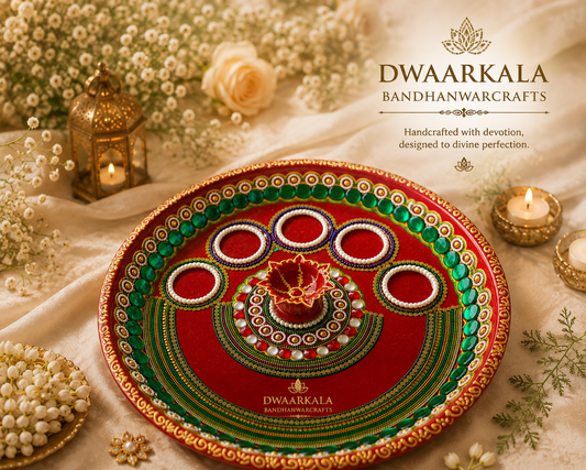 Handcrafted Pooja Thali – lifestyle shot with candles and white flowers
