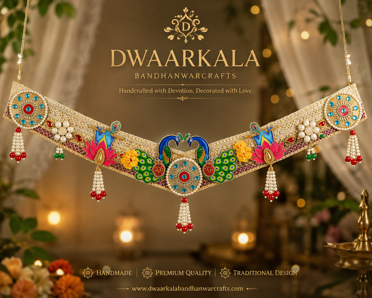 Peacock Toran – full hanging display with vibrant peacock centerpiece and pearl tassels