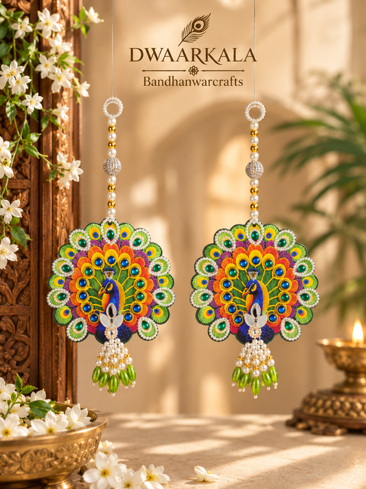 Peacock Hangings – front view pair with pearl and gold bead string