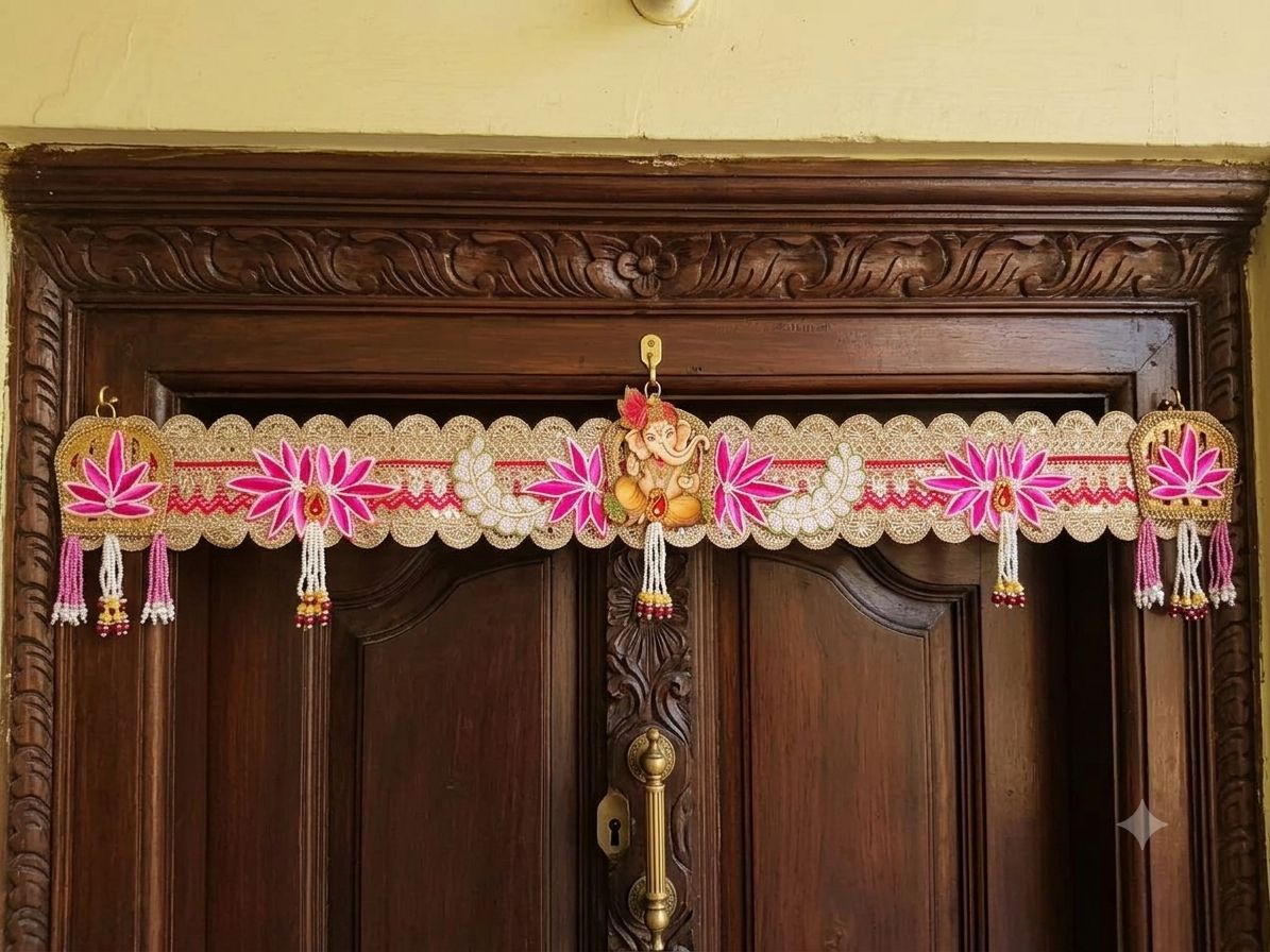 Ganesh Ji Toran – real door installation photo showing 42 inch length on wooden door