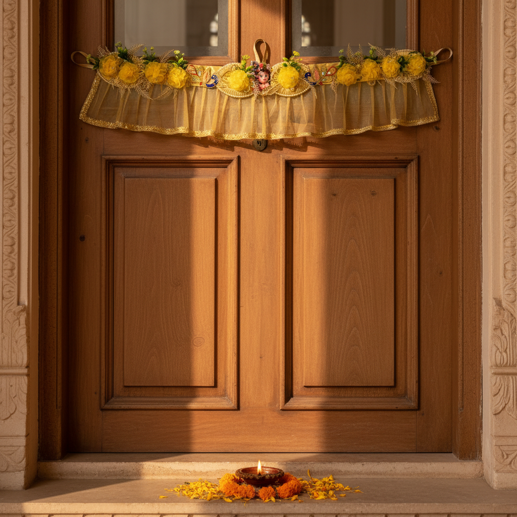 Floral Cascade Bandhanwar - Pastel Bloom lifestyle shot on Indian doorway