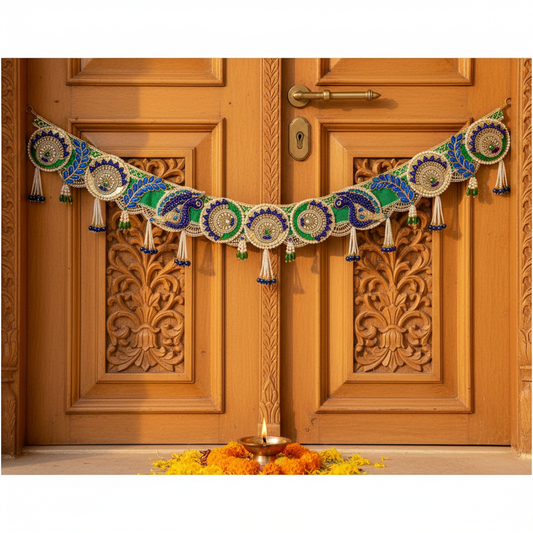 Bal Krishna Sapphire Peacock Bandhanwar lifestyle shot on Indian doorway