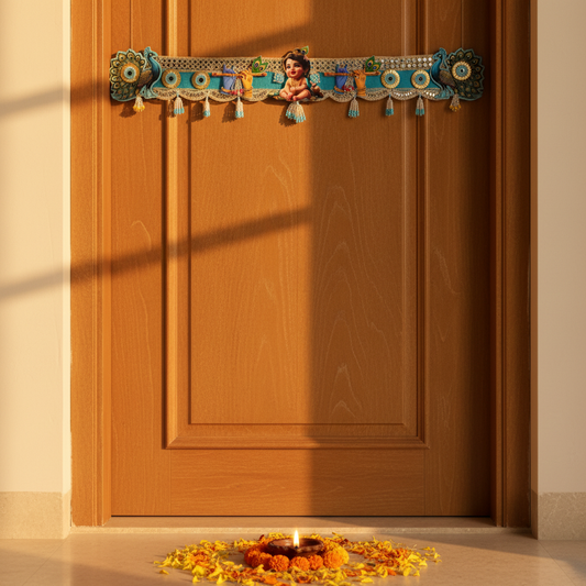 Shrinathji Divine Bandhanwar - Celestial Blue lifestyle shot on Indian doorway