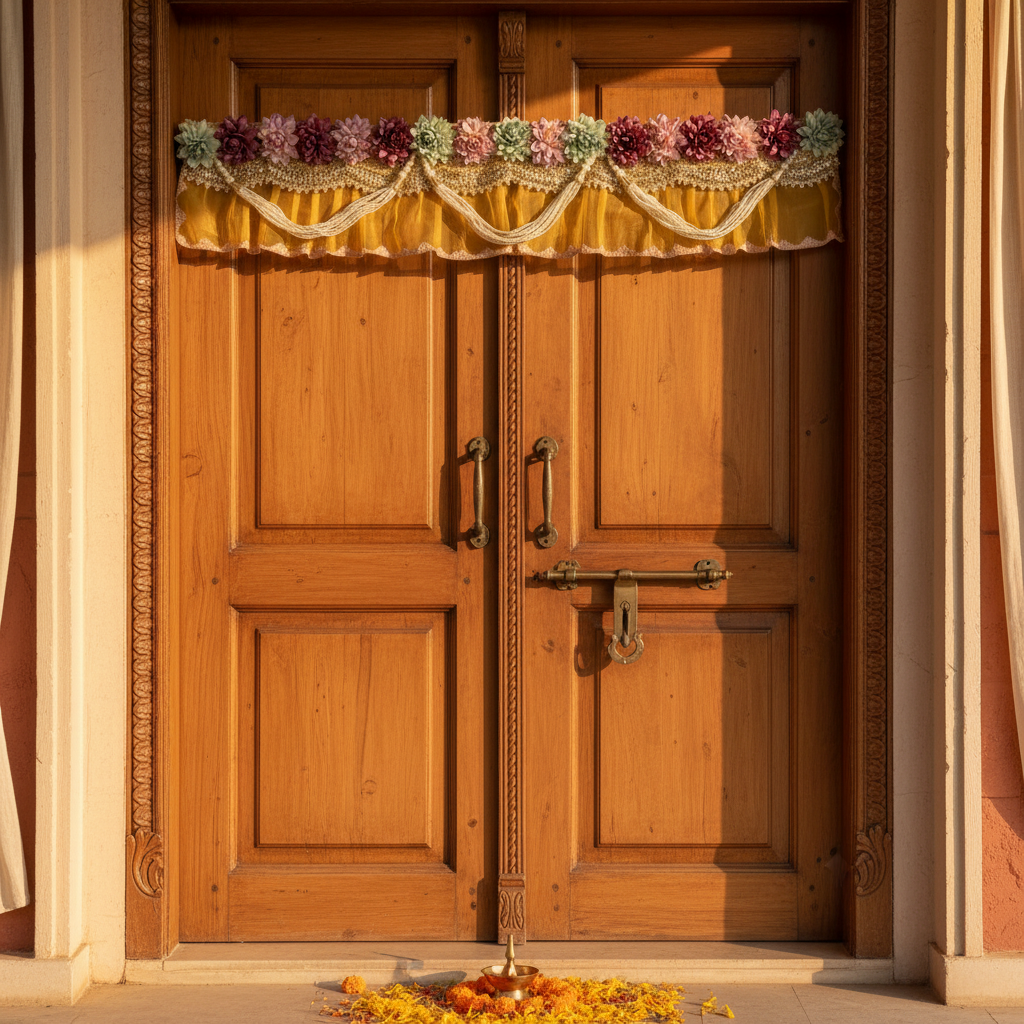 Shrinathji Celestial Lotus Bandhanwar lifestyle shot on Indian doorway
