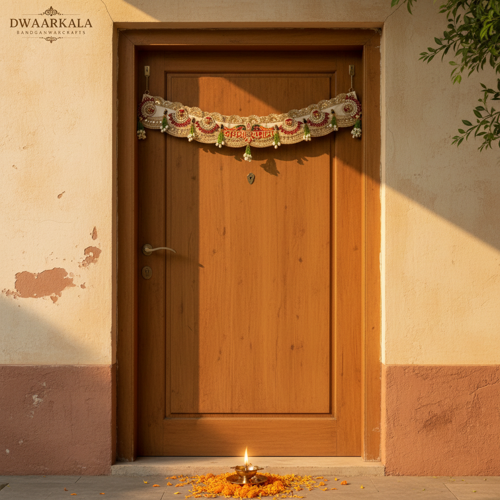 Jai Shree Shyam Toran - Red & Gold Premium lifestyle shot on Indian doorway