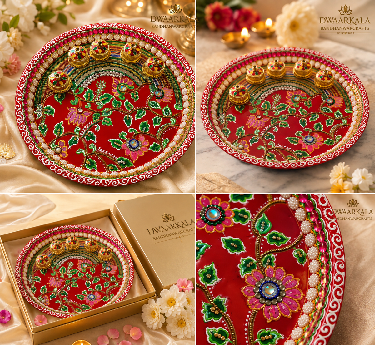 Handcrafted Pooja Thali – flat lay with gift box and close-up detail