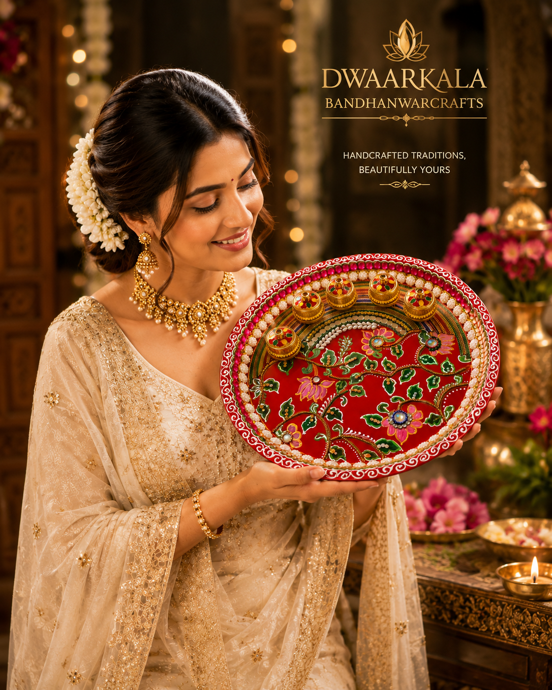 Handcrafted Pooja Thali – lifestyle shot with woman in saree