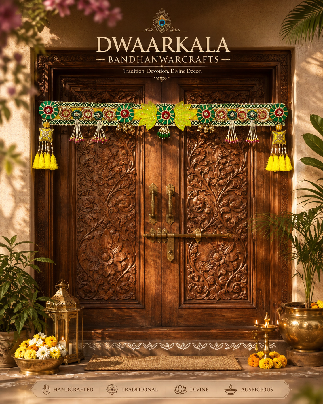 Green Leaf Emerald Toran – installed on ornate carved wooden door with marigold & lantern decor
