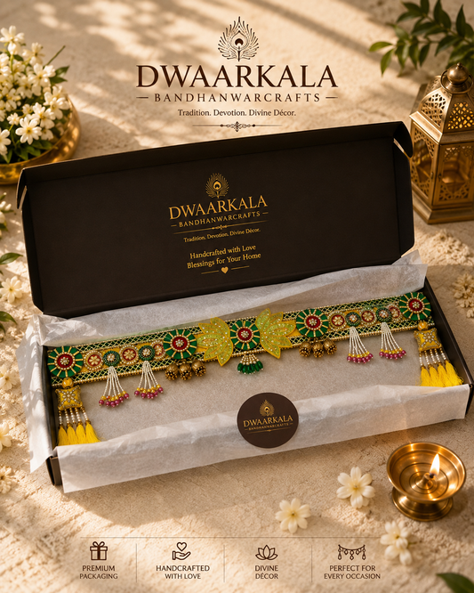Green Leaf Emerald Toran – in premium Dwaarkala gift box with diya ambiance
