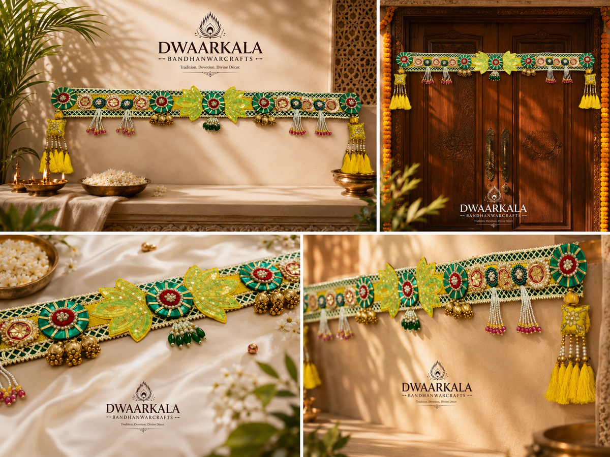 Green Leaf Emerald Toran – 4-panel collage showing door installation & close-up details