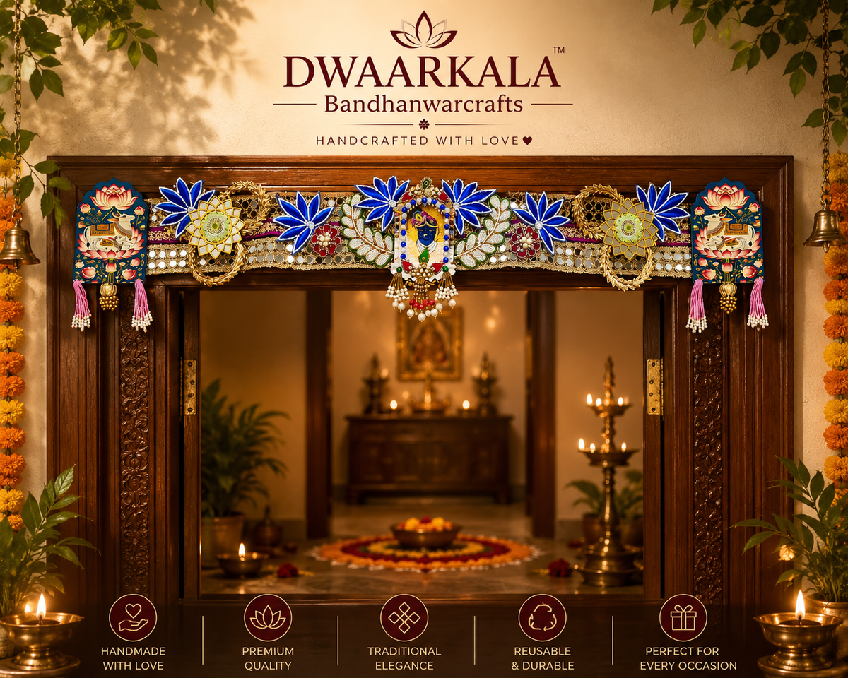 Shreenath Ji Toran – installed on wooden door with diyas and marigold