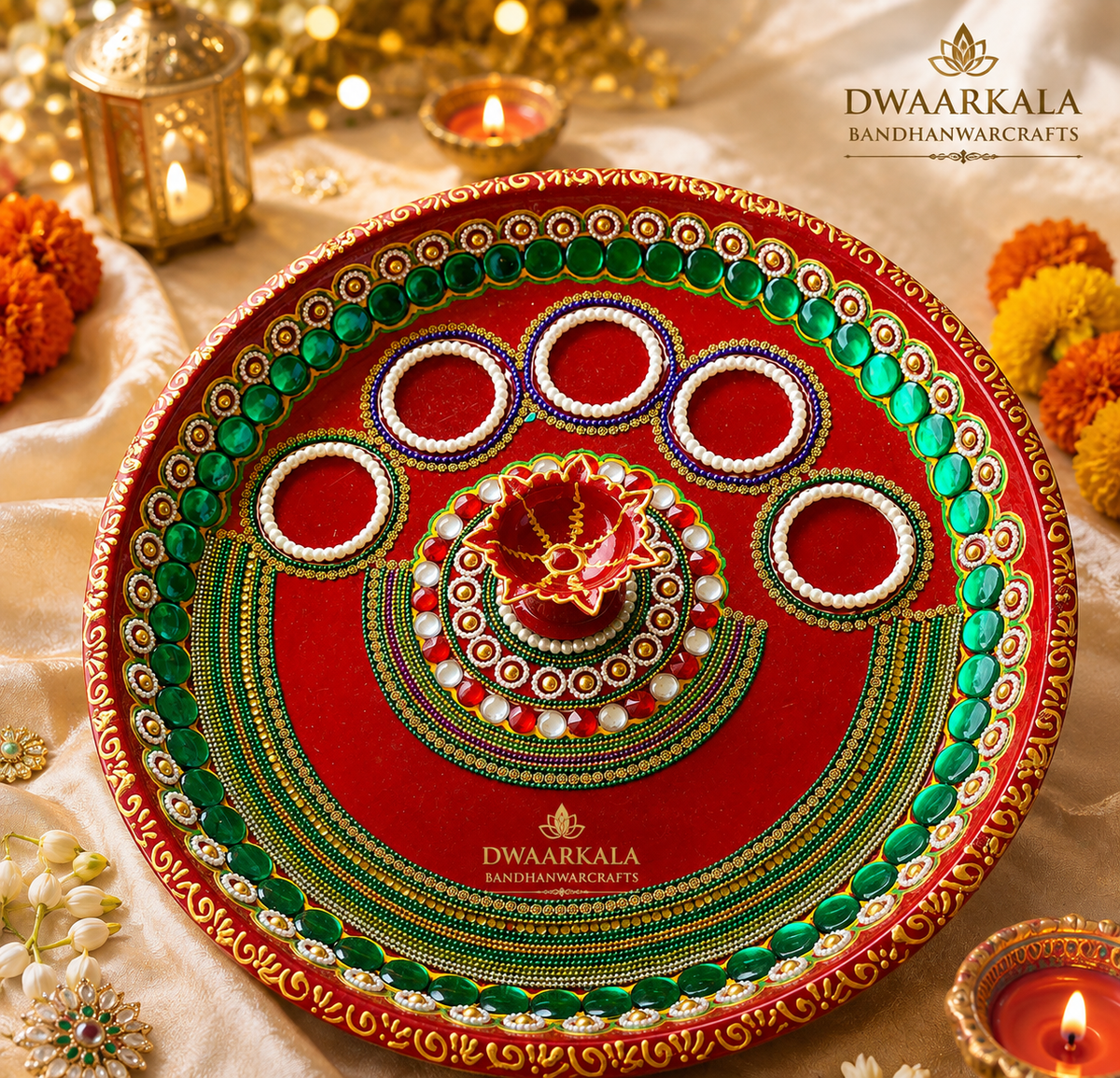 Handcrafted Pooja Thali – flat lay with marigold flowers and diyas