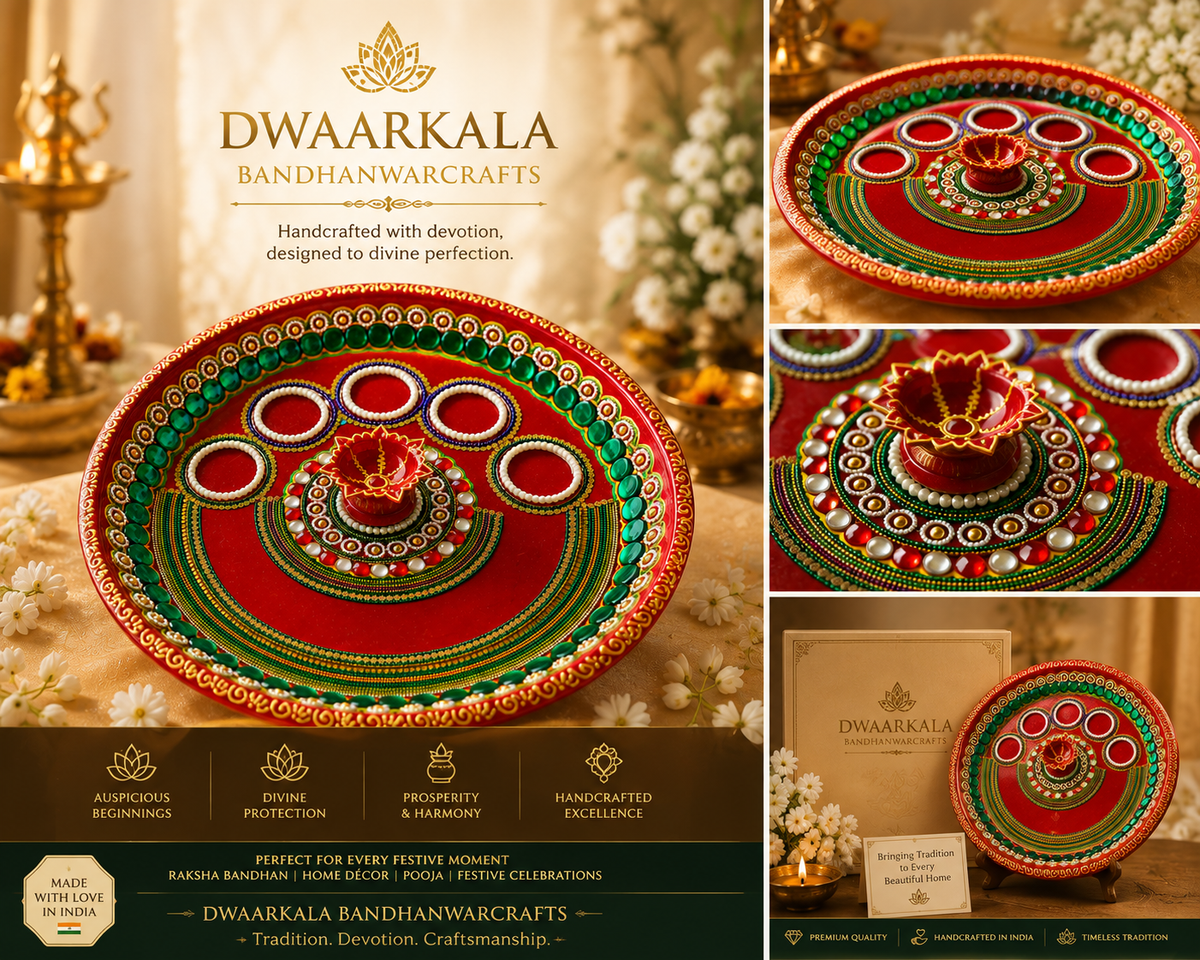 Handcrafted Pooja Thali – Red Green Emerald – collage with gift box