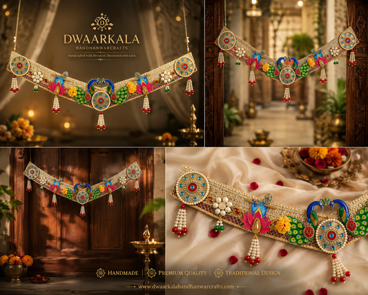 Peacock Toran – four-angle detail shots showing peacock motifs, tassels and lacework