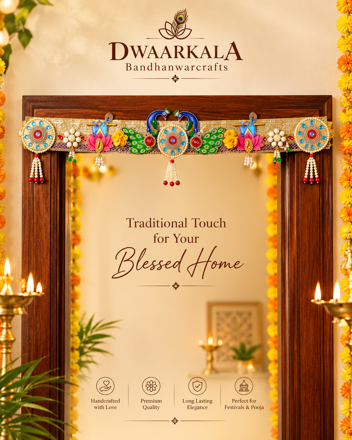 Peacock Toran – installed on wooden door frame with marigold decor