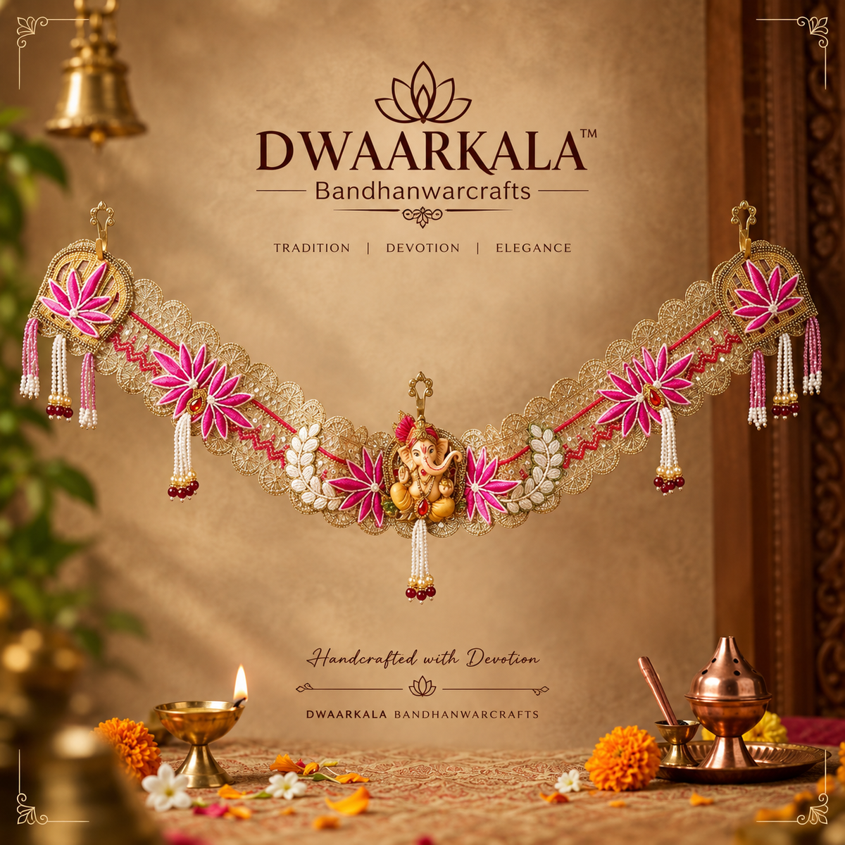 Ganesh Ji Toran – hanging view showing full length with gold lacework and tassels
