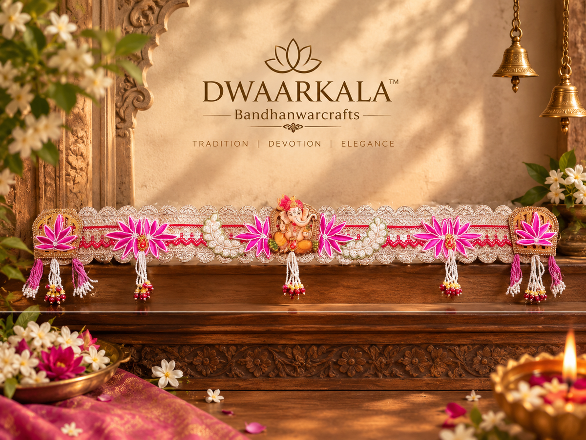 Ganesh Ji Toran – front display view on wooden surface with floral decor