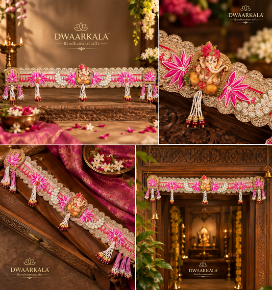 Ganpati Ji Toran – styled lifestyle shot with diya and flowers