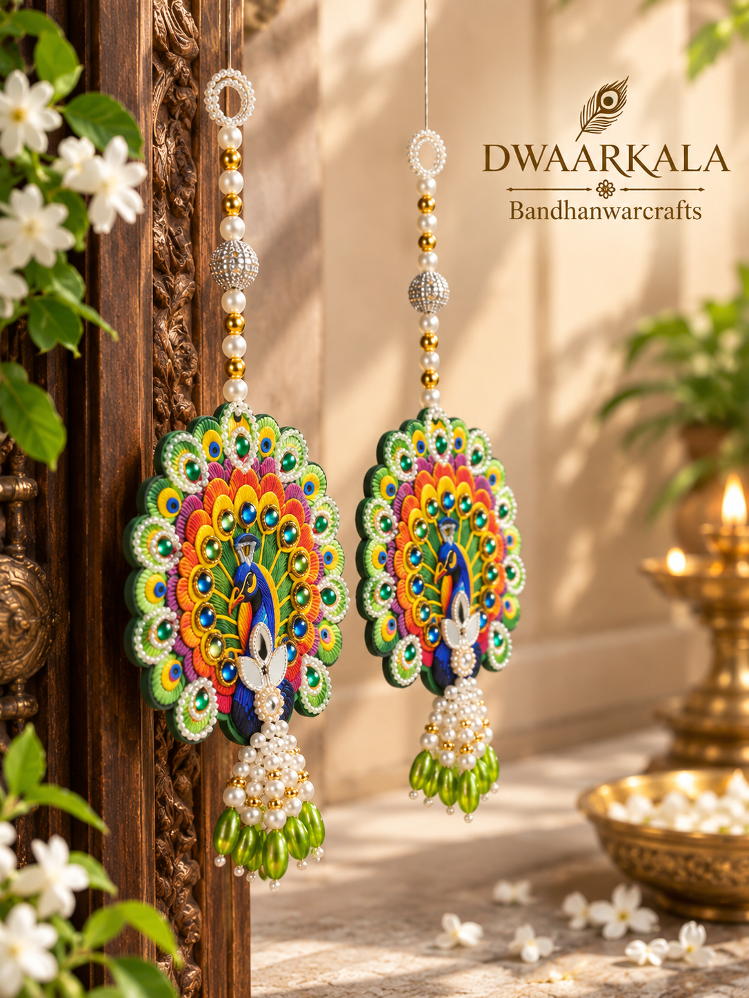Peacock Hangings – pair hanging on wooden door with festive setting