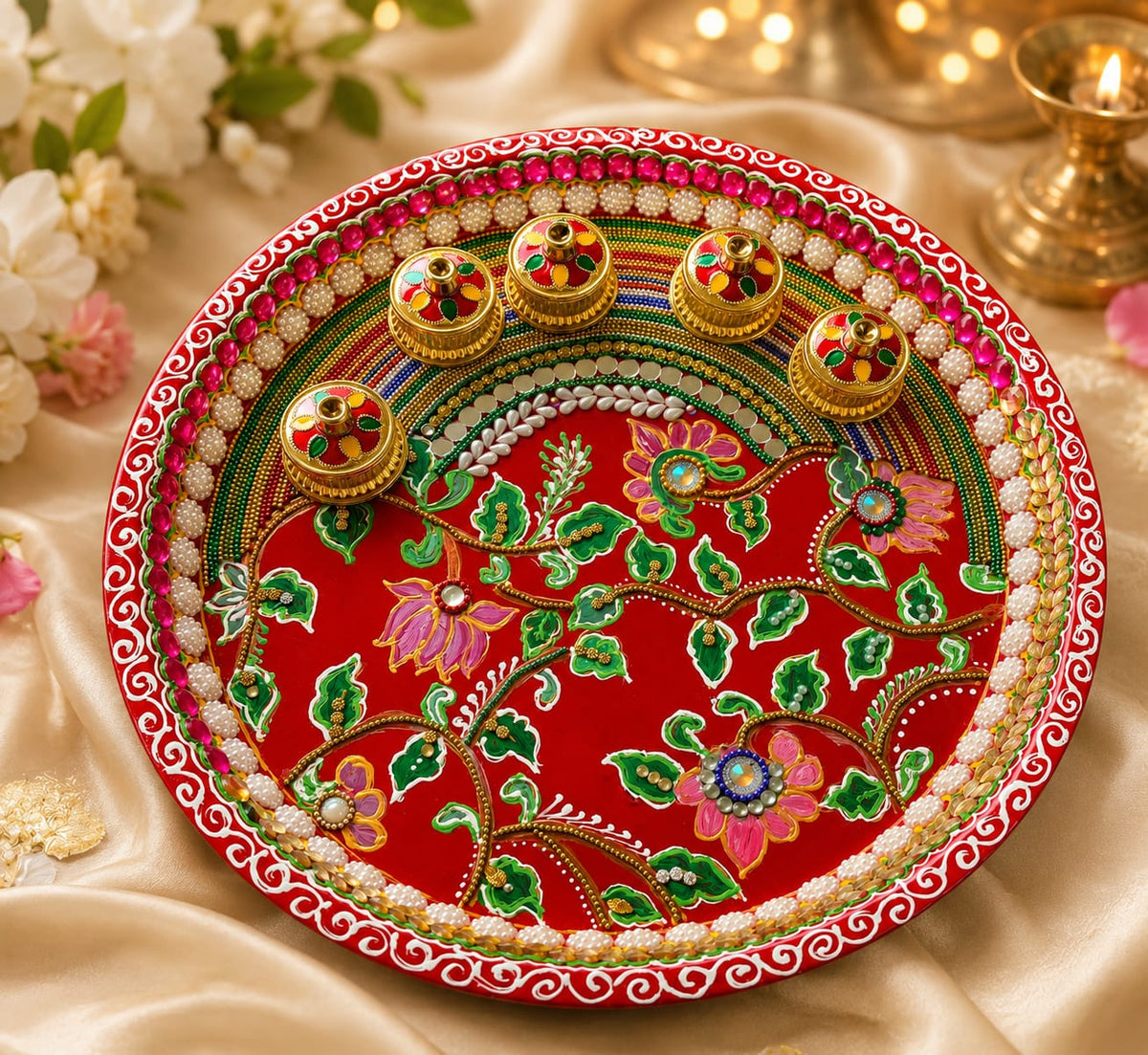 Handcrafted Pooja Thali – top view on silk fabric with diyas