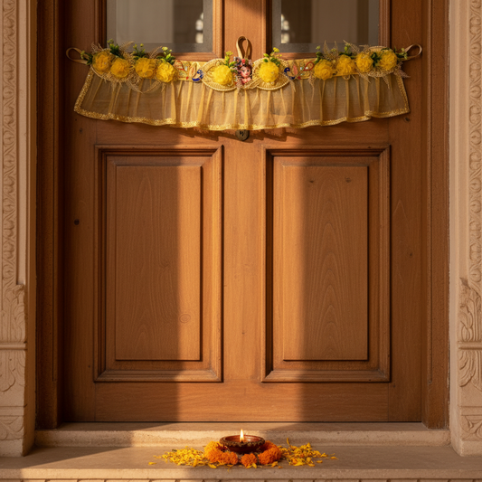 Floral Cascade Bandhanwar - Pastel Bloom lifestyle shot on Indian doorway