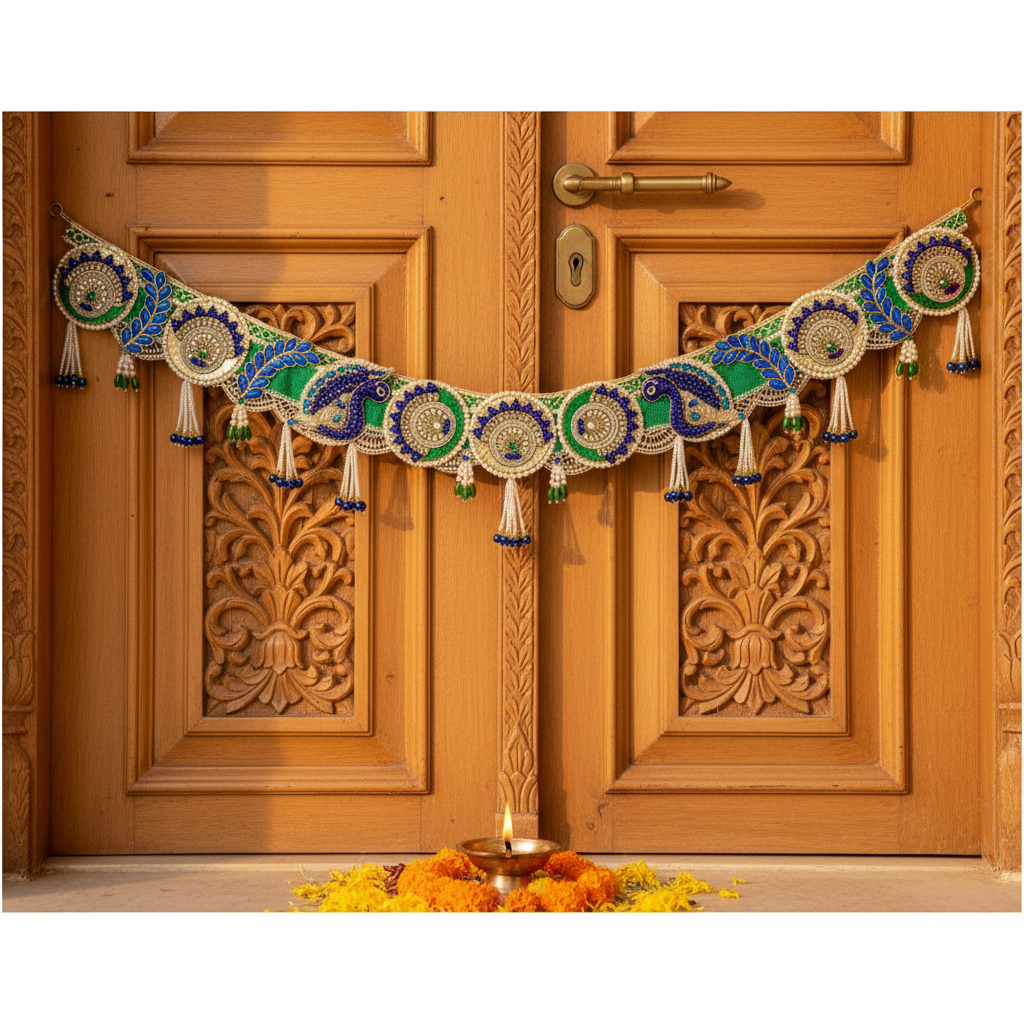 Bal Krishna Sapphire Peacock Bandhanwar lifestyle shot on Indian doorway
