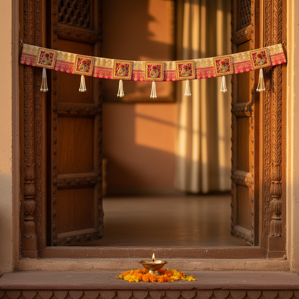 Peacock Mandala Bandhanwar - Ivory Splendour lifestyle shot on Indian doorway
