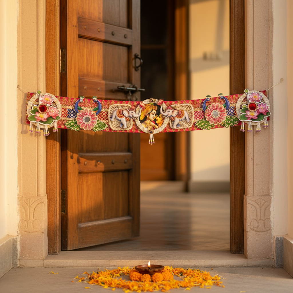 Ganesha Prosperity Bandhanwar - Vermilion Velvet lifestyle shot on Indian doorway