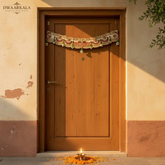 Jai Shree Shyam Toran - Red & Gold Premium lifestyle shot on Indian doorway